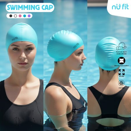Nu Fit - Silicone Swimming Cap -  Penutup Kepala Anti Air - Topi Renang Silikon Premium Anti Slip Waterproof Elastis untuk Dewasa - Blue