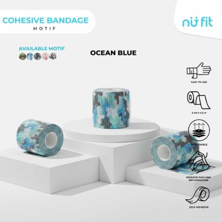 NU - FIT - Cohesive Bandage 5cm x 4.5m Perban Elastis Self Adhesive Finger Tape Olahraga Perban Berperekat dengan motif - Taping Atlit Olahraga dengan motif - 0cean blue
